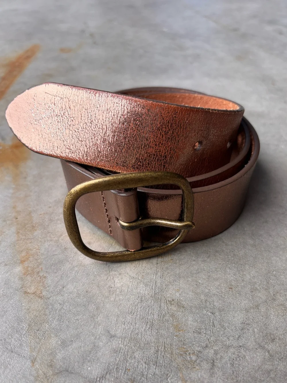 Hobo Brown Metallic Leather Belt with Brass Buckle